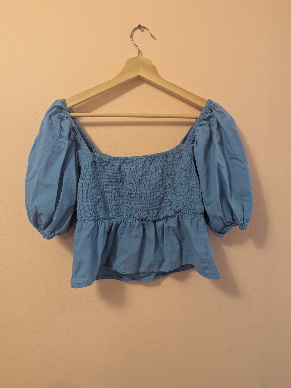 Light Blue Puff Sleeve Peasant Top - Picture 2 of 4